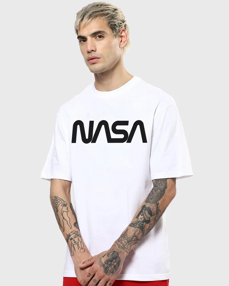 bewakoof Men's White Galactic Spectrum Graphic Printed Oversized T-shirt